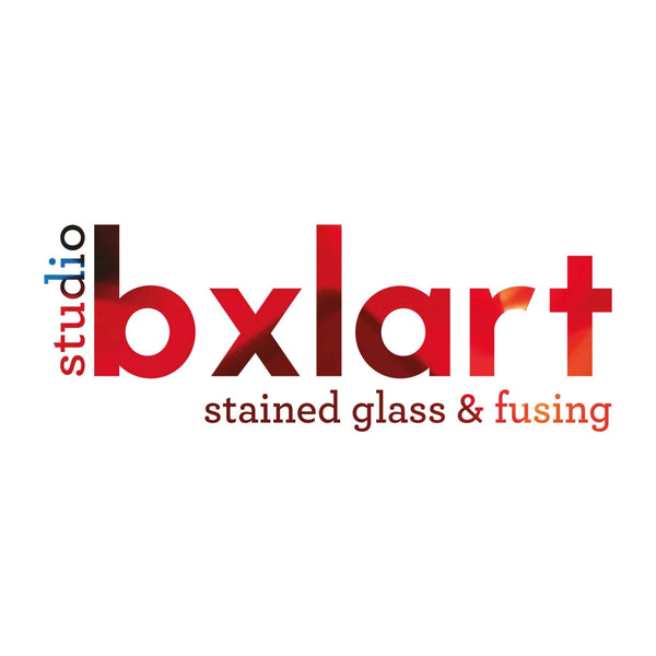 Logo of studio bxlart. Letters of bright colors, including red,blue,green on a white background. 